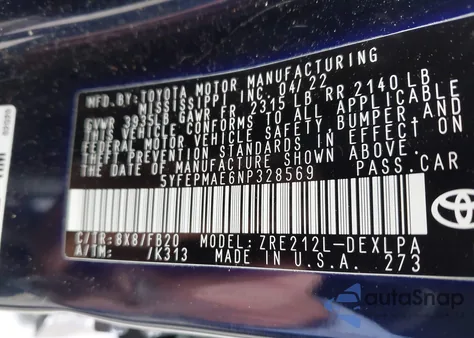 2022 Toyota Corolla Le from USA, damaged, VIN 5YFEPMAE6NP328569